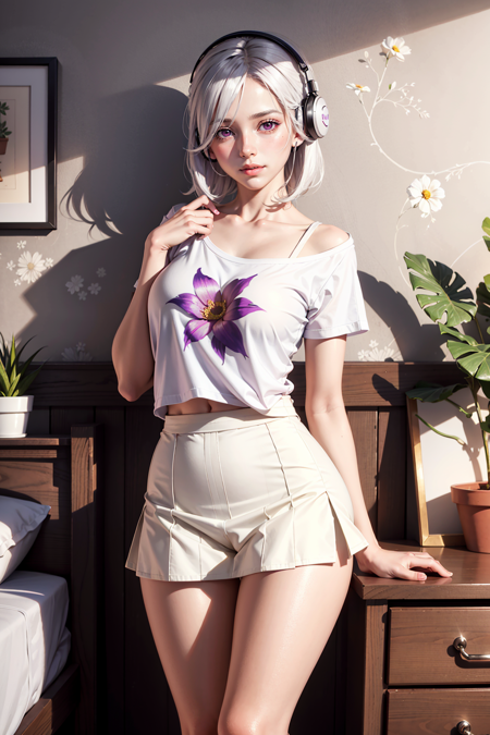 01963-3767874406-realistic, 1girl, hair over one eye, parted lips, blush, makeup, light smile, white hair, t-shirt, skirt, headphones, glow, thig.png